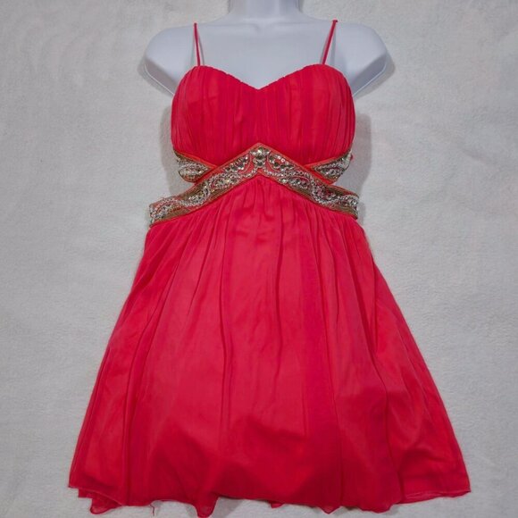 Trixxi ✦ Blush Chiffon Beaded Dress ✦ Cutout Back Tiered Layers Adjustable Strap - Picture 6 of 15